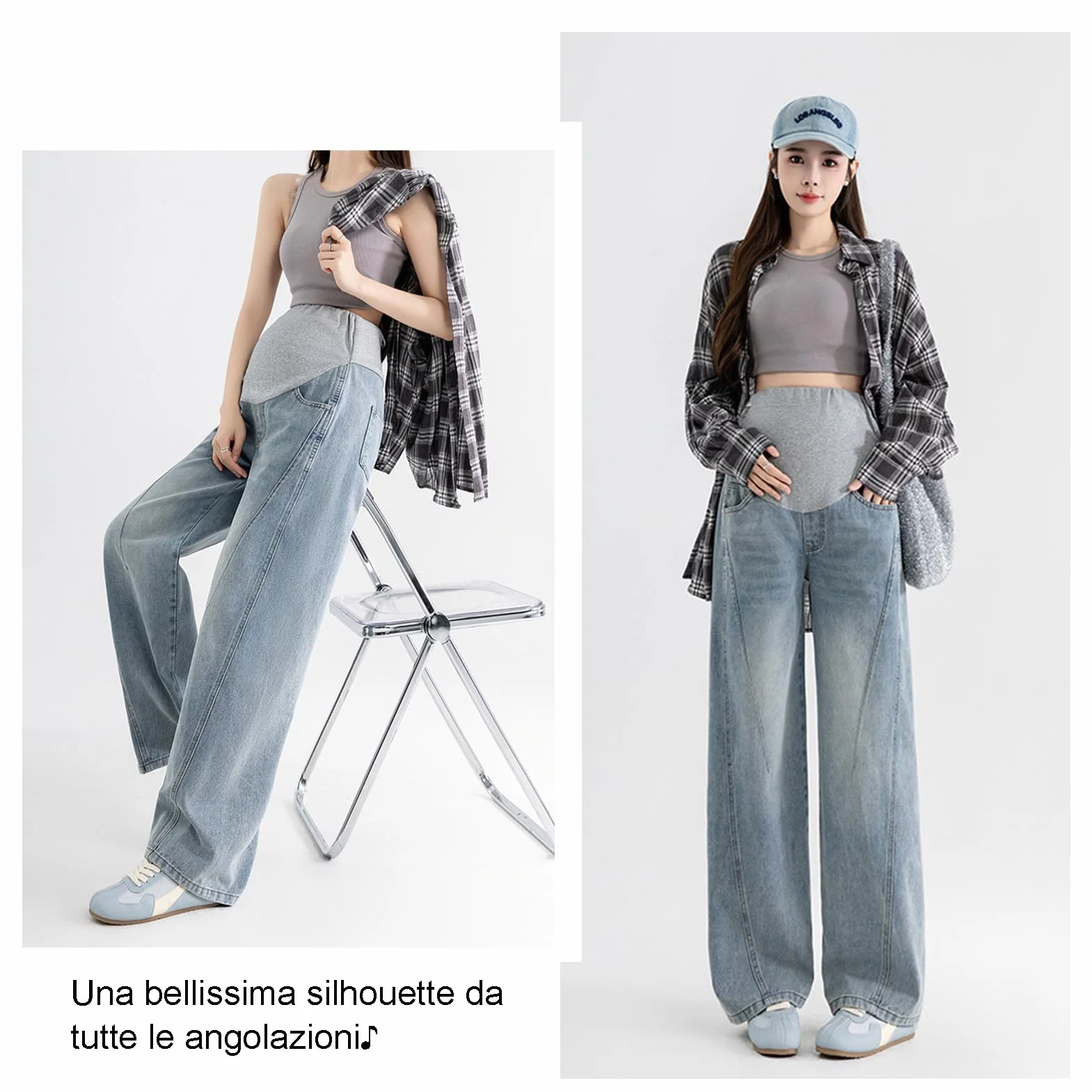 Jeans Premaman, Larghi, Casual, con Cintura Regolabile, Pantaloni alla Moda e pratici, Adatti a Ragazze sotto i 170 cm