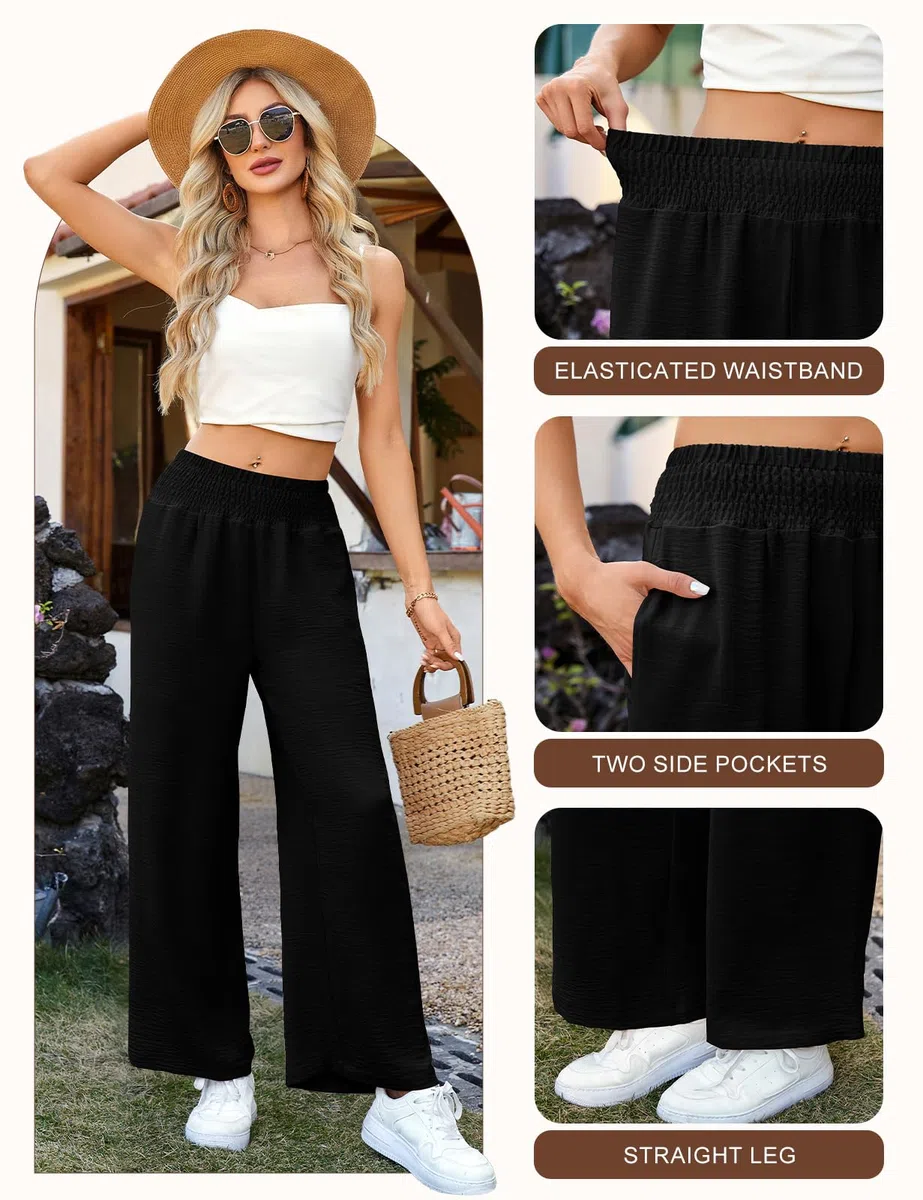HEEKPEK Pantaloni Donna Estivi Leggeri Pantaloni Comodi Larghi Casual Elastico Vita Alta Solido Sciolto Lunghi Palazzo Pantaloni Gamba Dritta Casual Spiaggia Jogging con Tasche