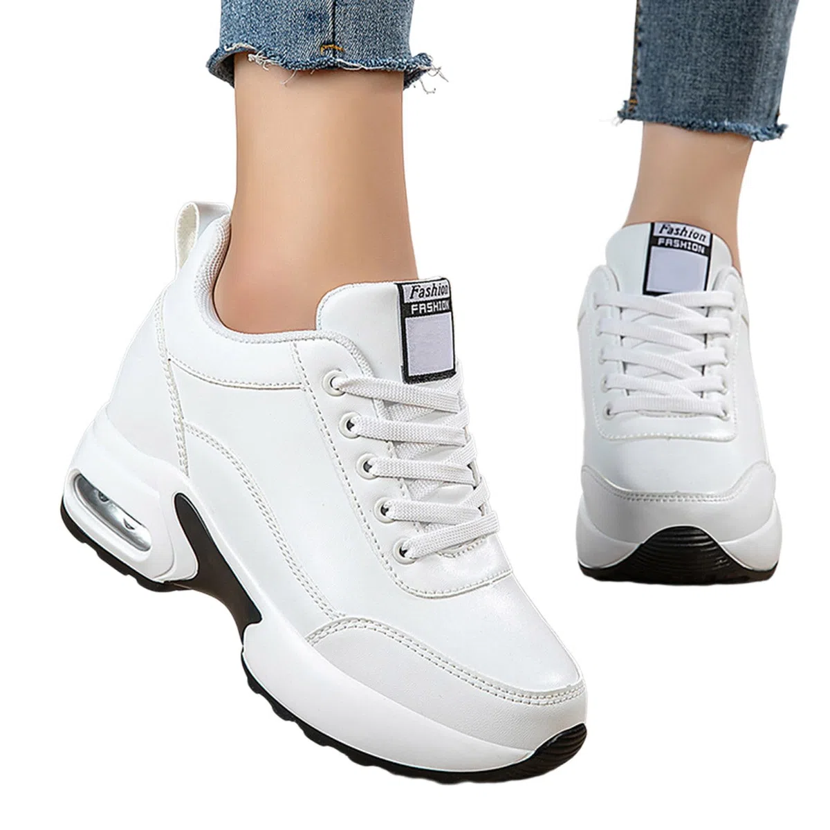 Basket Running Donna in Pelle Antiscivolo con Lacci Basket Rialzo Donna Alla Moda con Tacco di 7 cm Scarpa Sport Tempo Libero Sneakers Confortevoli Autunno Inverno per Running Outdoor