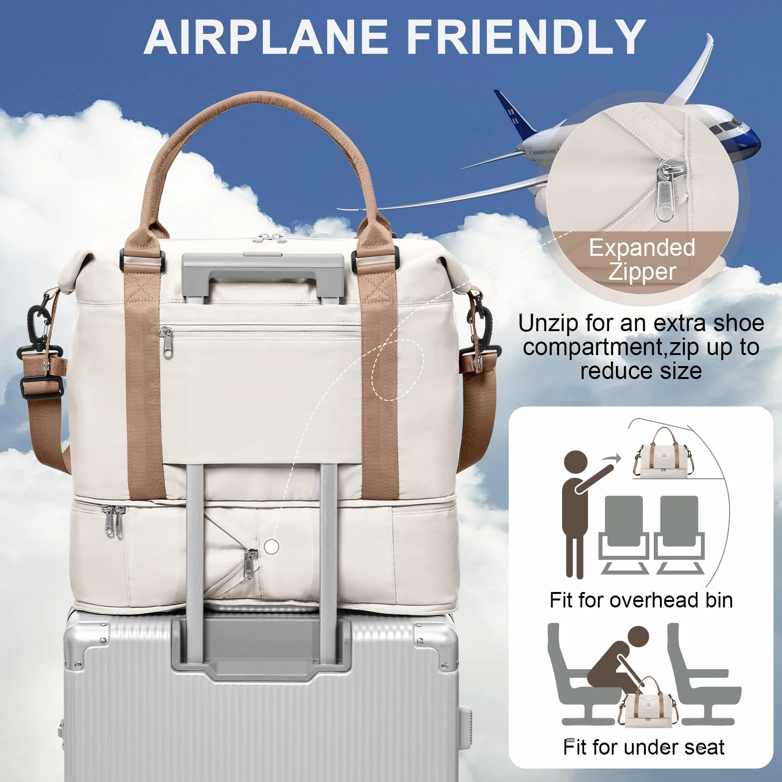 SEAFEW Borsone da Viaggio,Bagaglio a Mano 40x30x20 Ryanair Borsa da Viaggio con Scomparto per le Scarpe,Borsa da Cabina Ryanair Borsa Sportiva Borsone da Palestra da Weekend,D10-Marrone Beige