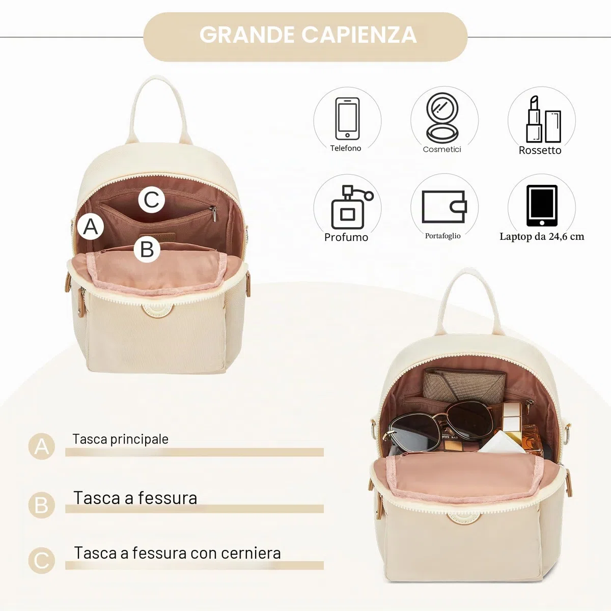 Miss Lulu Zaino Donna Media, Borsa Zainetto Antifurto Impermeabile 8 Tasche, Zaini Casual Tracolla Regolabile a Singola/Doppia Spalla, per Viaggio, Scuola, Lavoro, Shopping, Visite e Università