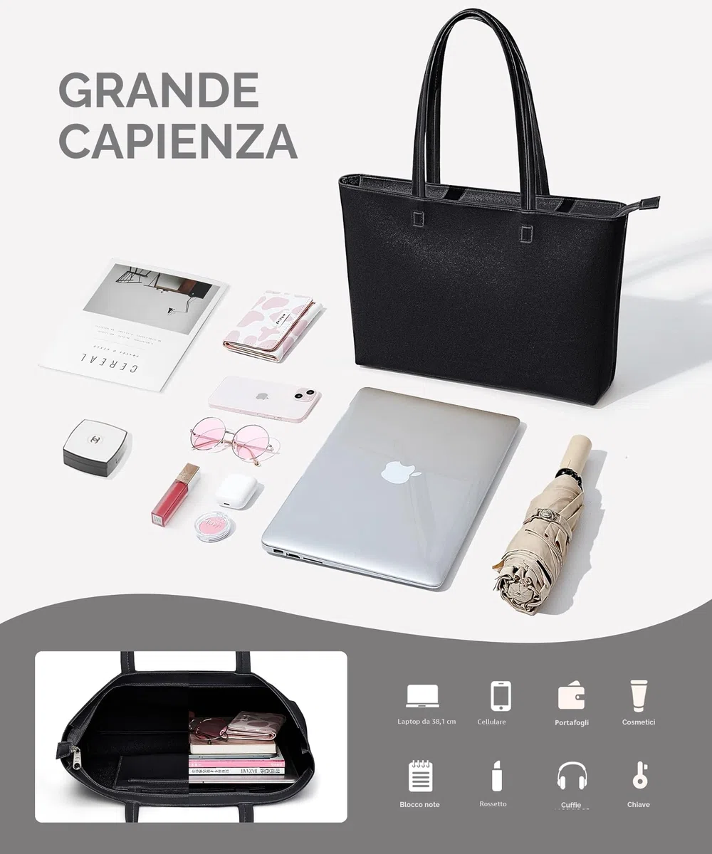 KALIDI - Grande borsa a mano da donna in pelle sintetica PU, shopper, tote bag, impermeabile, con chiusura lampo, per lavoro, viaggi, shopping, scuola