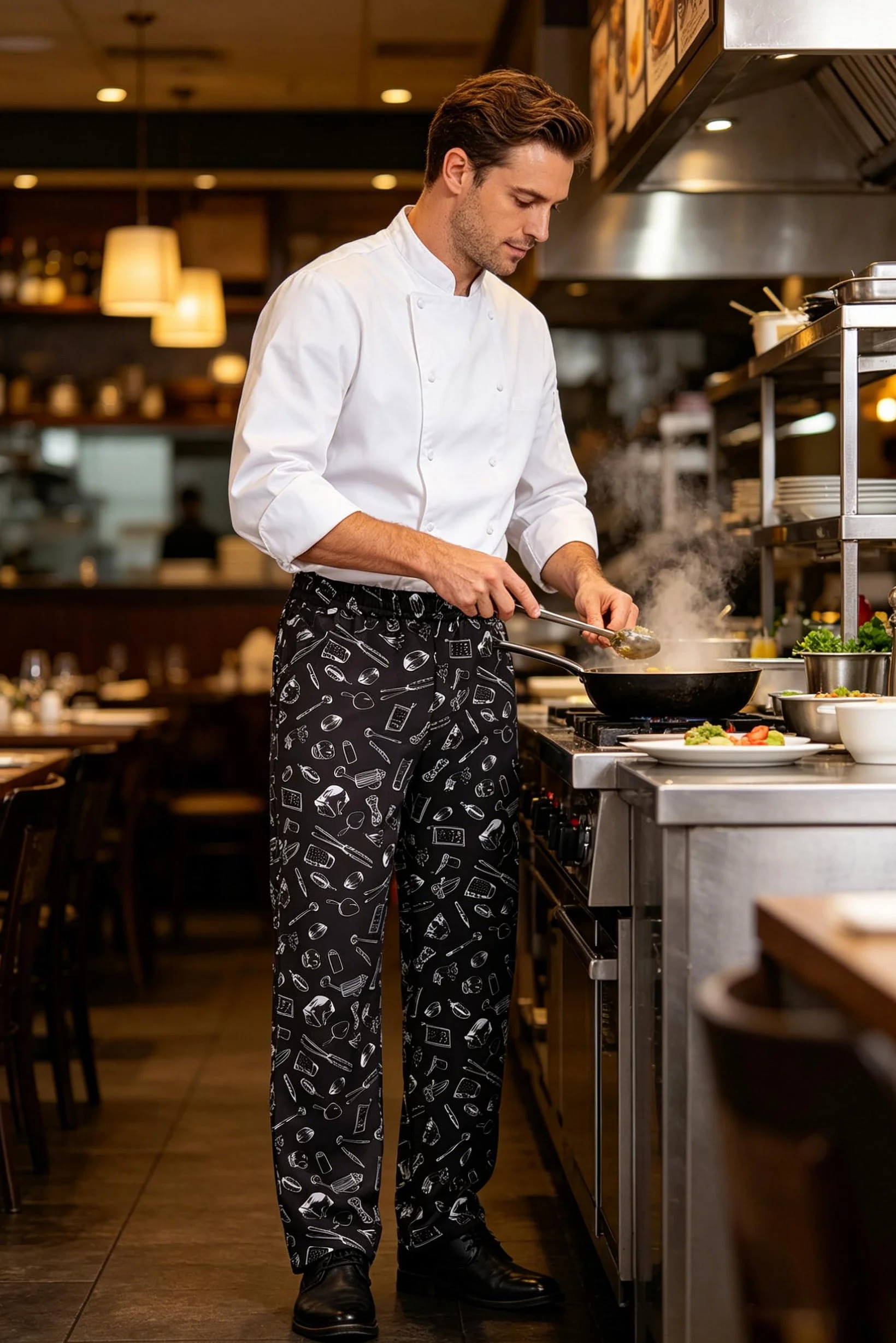 Nanxson Pantaloni da Cuoco Larghi da Uomo, Pantaloni da Lavoro Stampati con Divise da Cucina da Ristorante in Vita Elastica CFM2013