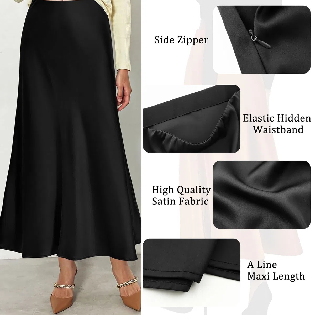 Genfien Gonna Donna Lunga Raso Vita Alta Elegante Seta Gonna a Vita Elastica con Zip Elastica Solida Colore Gonna Festa Estate Casual Leggero Senza Fodera