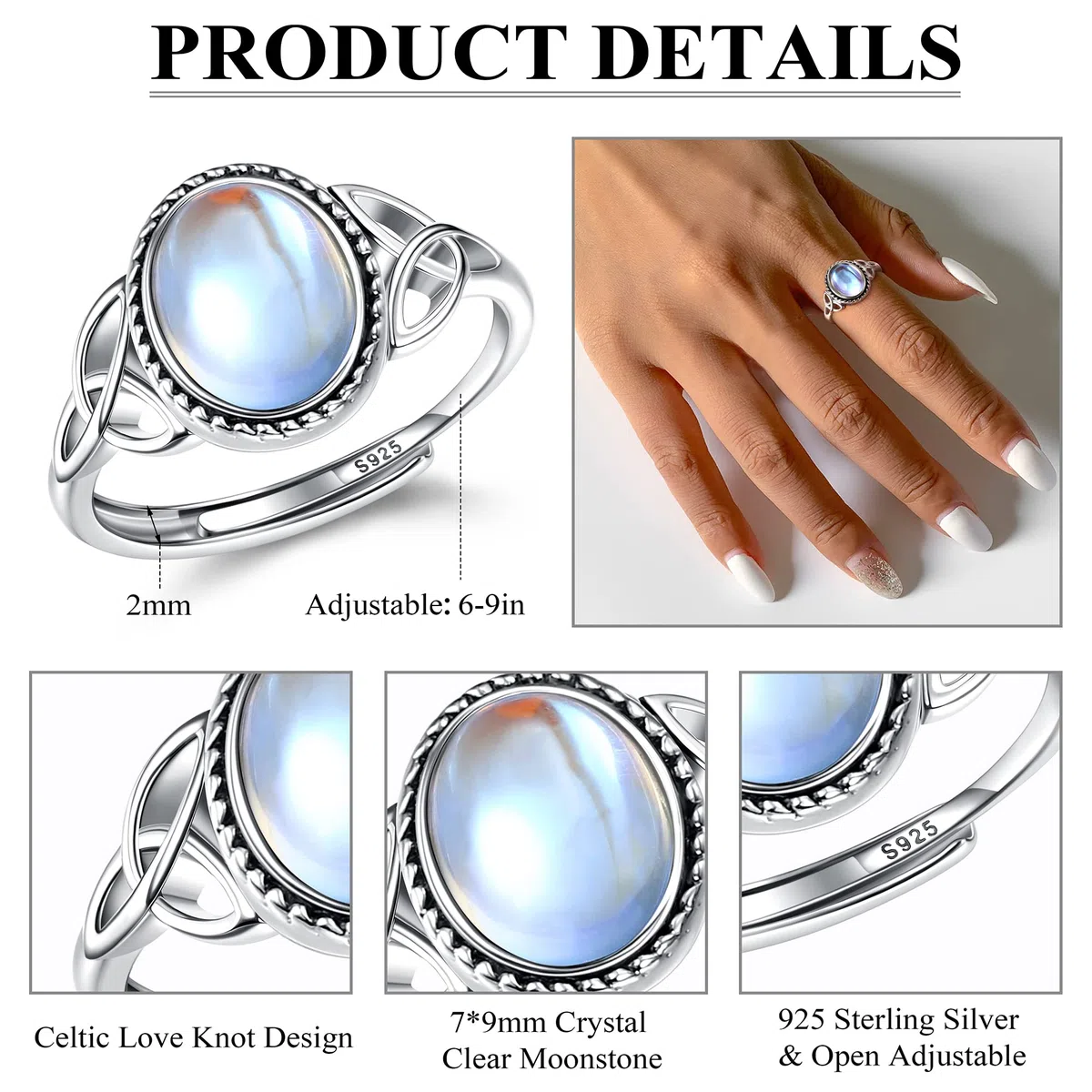 Milacolato Anello Argento 925 per Donna Ragazza Anelli Pietre di Luna Regolabile Aperte Anello CZ Triangolo Celtico Vintage, Anello Pietre Cuore Ovale Rotondo Gioielli per Lei anello