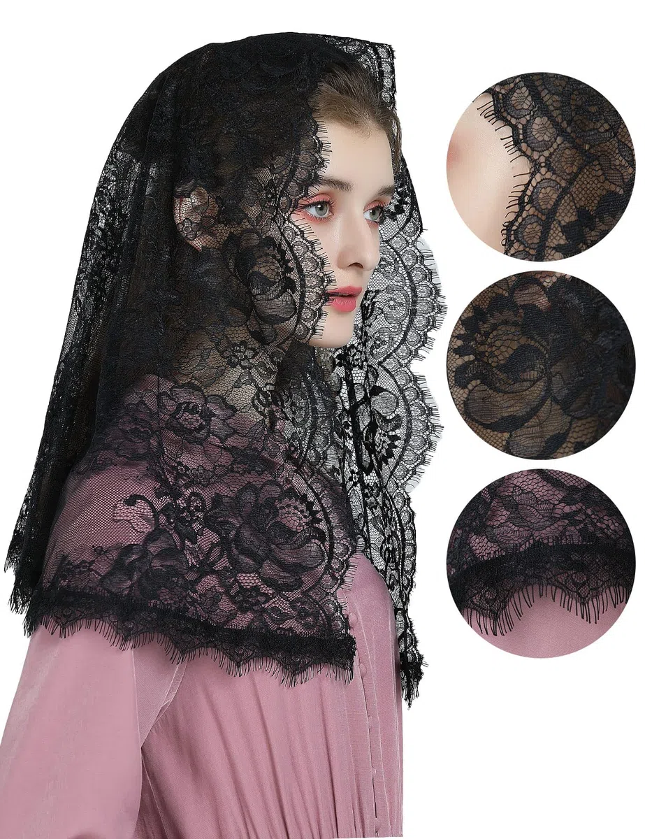BEAUTELICATE Velo di Pizzo Chiesa Velo da Sposa Mantilla Velo Cattolica Sciarpe Scialle di Pizzo Copricapo Foulard Messa In Latino Nero Bianco V114