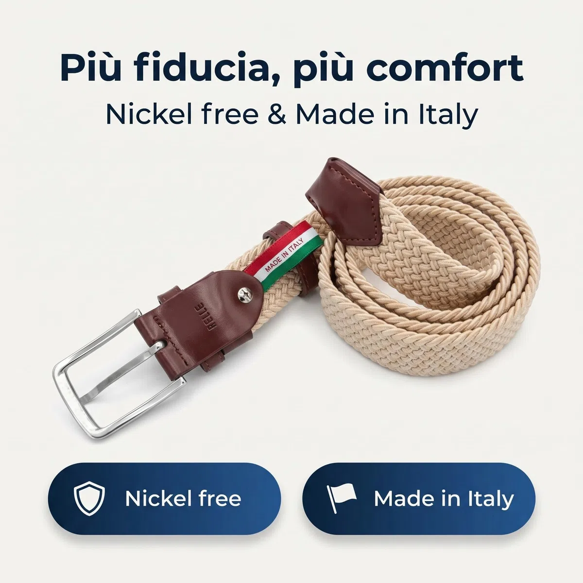 Navigare Cintura Elastica Intrecciata Made in Italy, Uomo e Donna, con Inserti in Vera Pelle
