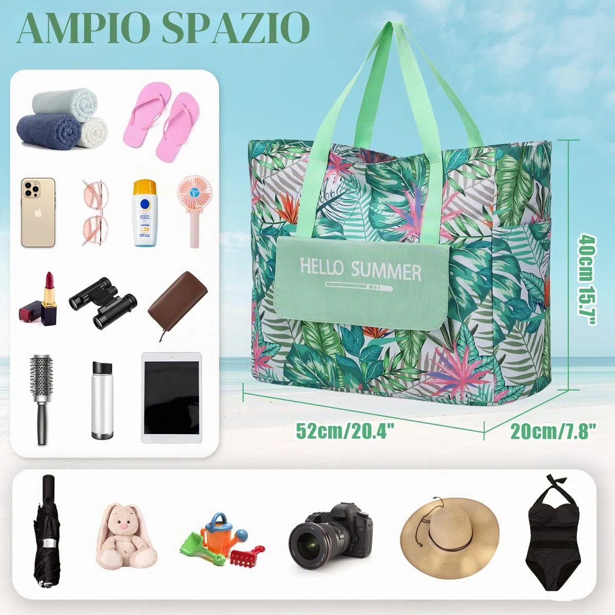 Myhozee Borsa Mare Grande xxl Famiglia,Borsa da Spiaggia Donna con chiusura lampo borsa estiva da spiaggia impermeabile per piscina gite in spiaggia picnic viaggi