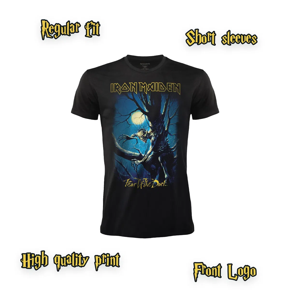 T-Shirt Iron Maiden Fear of The Dark. Maglietta Rock Ufficiale Nera. Band Heavy Metal. Cotone. Unisex. Adulto Ragazzo.