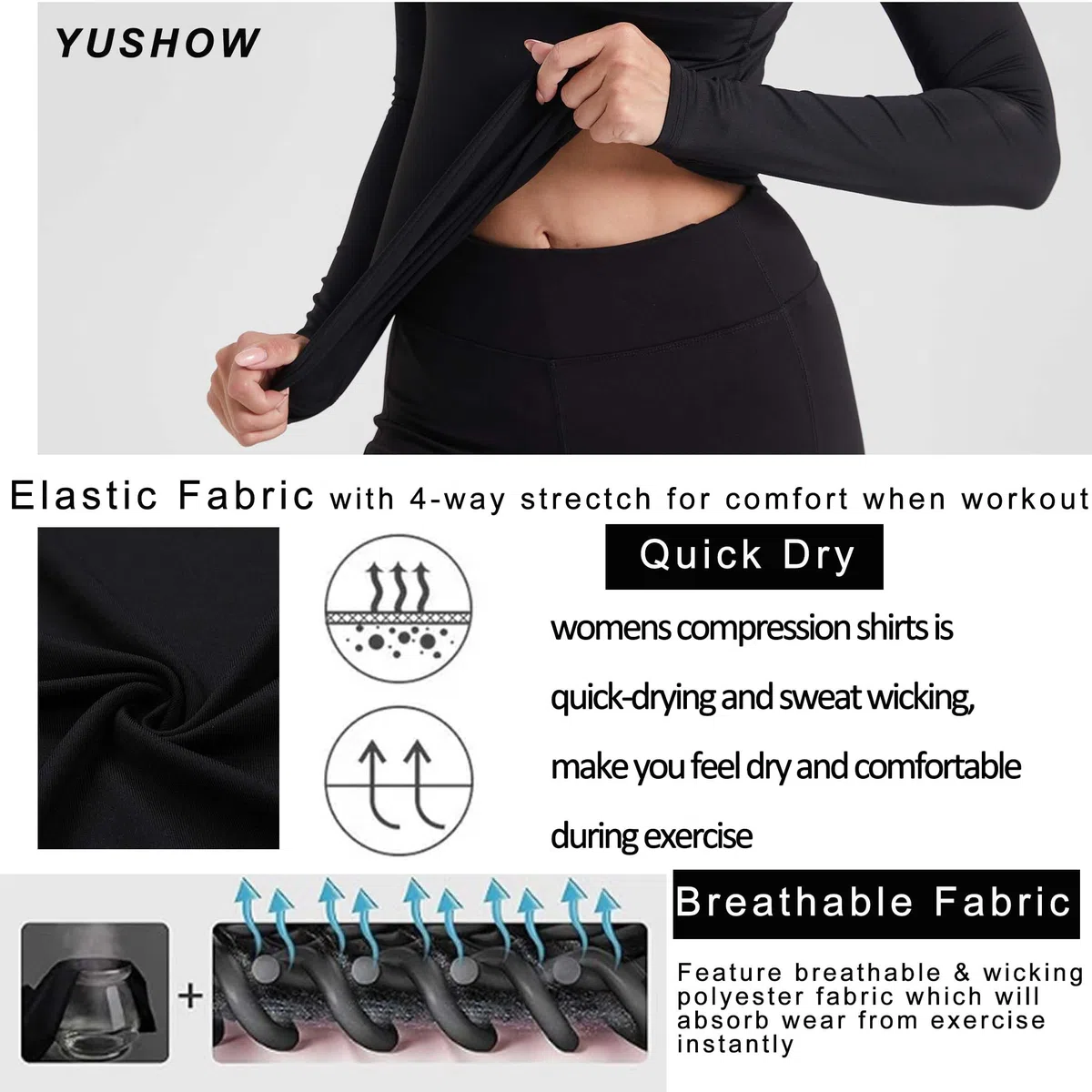 YUSHOW Confezione da 3 magliette da donna a compressione, a maniche lunghe, funzionali, per il fitness, per la corsa, traspirante, per il jogging, la palestra, per