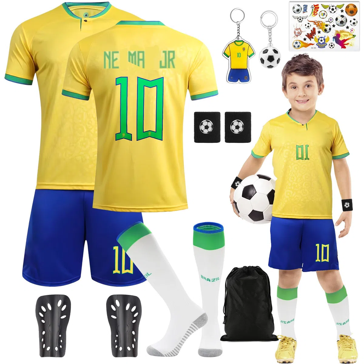 Maglie da Calcio per Bambini, N. 7/N. 10 Pantaloncini Ragazzi Abbigliamento T-Shirt Maglietta Calze Parastinchi Portachiavi Tatuaggi Temporanei Accessori Maglia da Calcio Esterni Sportiva Regali