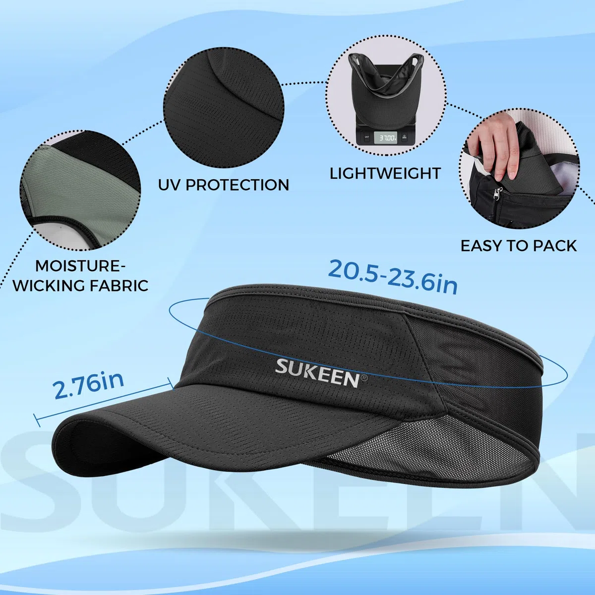 Sukeen Visiera parasole sportiva da uomo e donna, leggera, pieghevole, rinfrescante, elastica, per corsa, tennis, golf