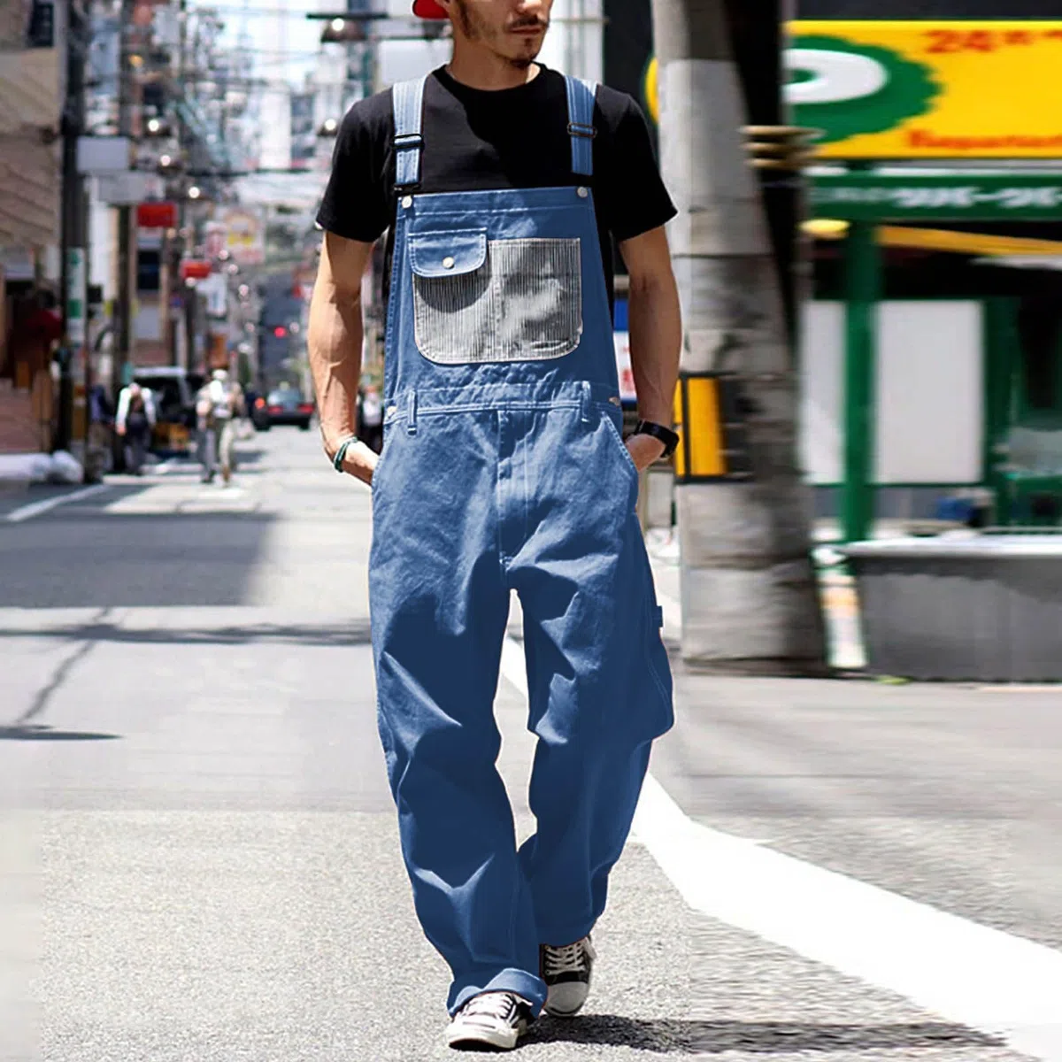 Salopette da uomo, pantaloni da lavoro, jeans con bretelle, tuta da uomo, gamba lunga, molte tasche, jeans da uomo, taglio largo, salopette da uomo, in denim, streetwear