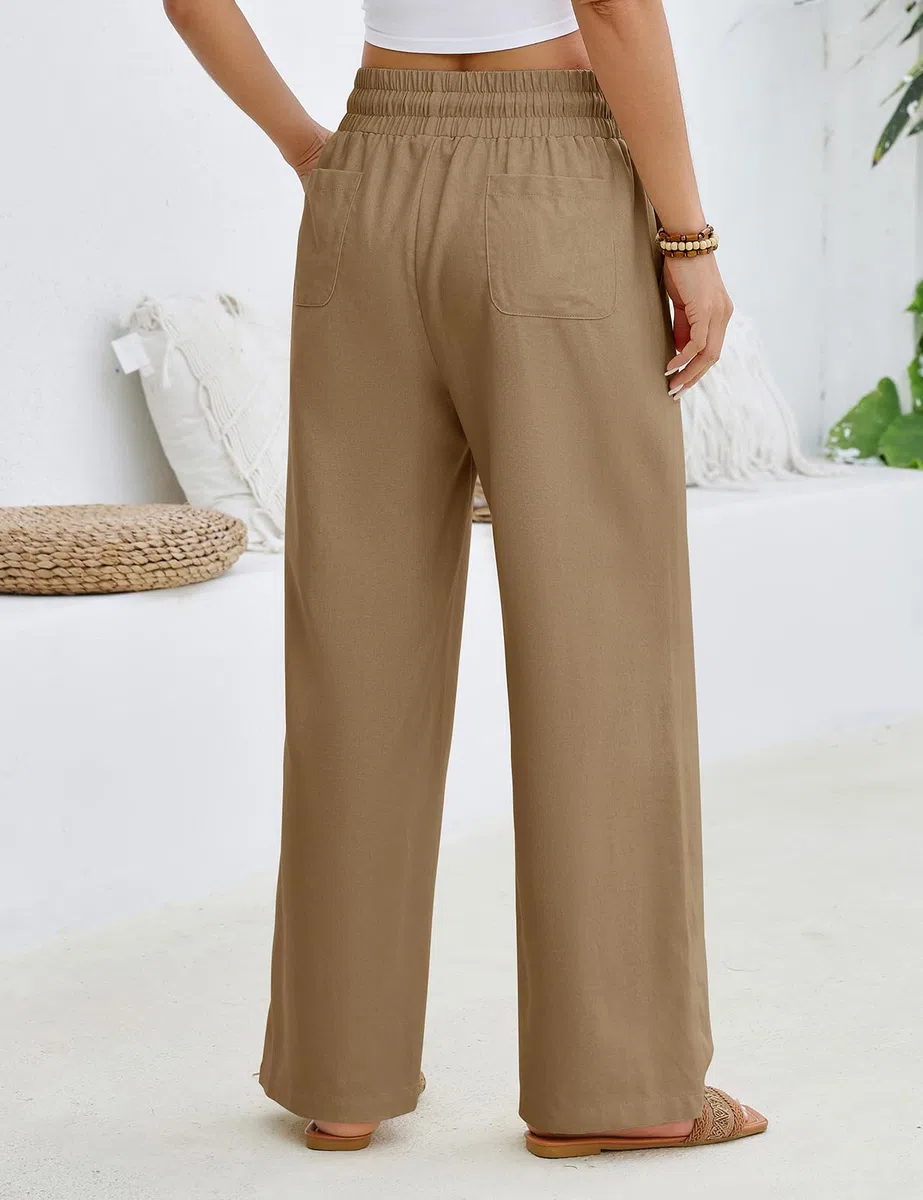 Pantaloni Donna Estivi Lino Pantaloni Leggeri Larghi Elastico Vita Alta Lunghi Gamba Dritta Eleganti Pantaloni Palazzo da Spiaggia Jogging Solido Sciolto Casual Comodi con Tasche