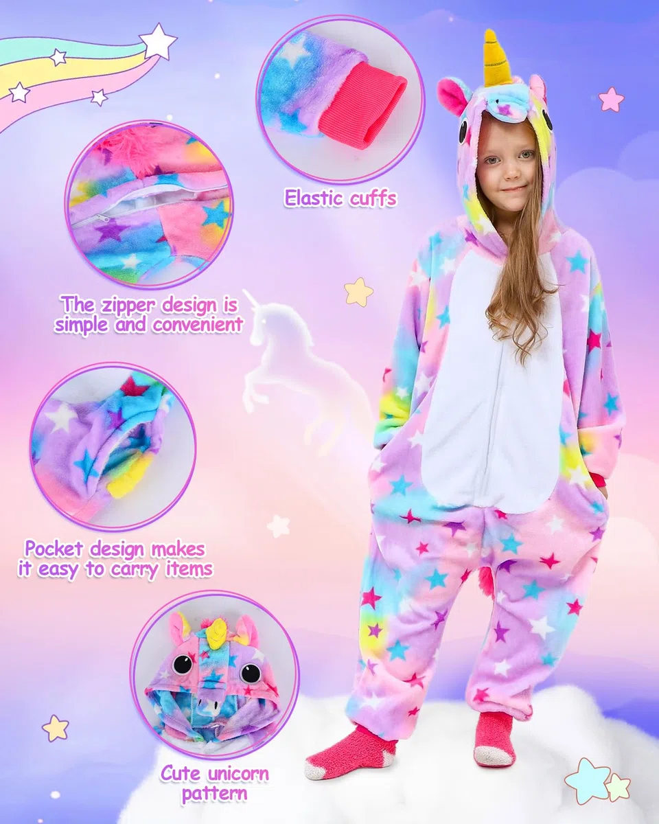 GEEKEO Unicorno Pigiama Intero - Pigiameria Onesie Bambini Cosplay Cartone Animato Animale con Cappuccio Festivo Tutine Bambina & Ragazza Intero Pigiama per Halloween Festa Carnevale