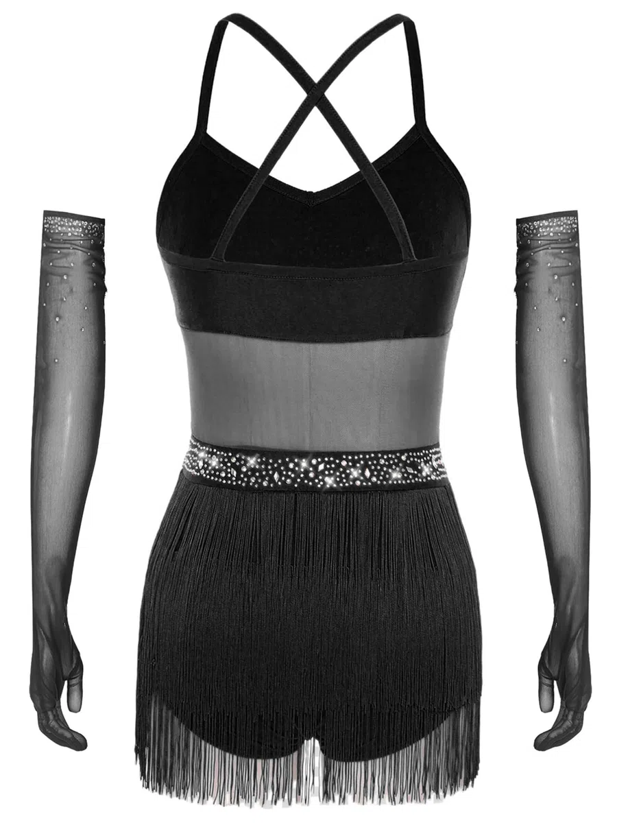 dPois Vestito da Ballo Latino Americano Tango Donna con Guanti Abito da Pattinaggio Artistico con Frange Nappe Body Ginnastica Ritmica Costume Danza Samba Rumba Salsa