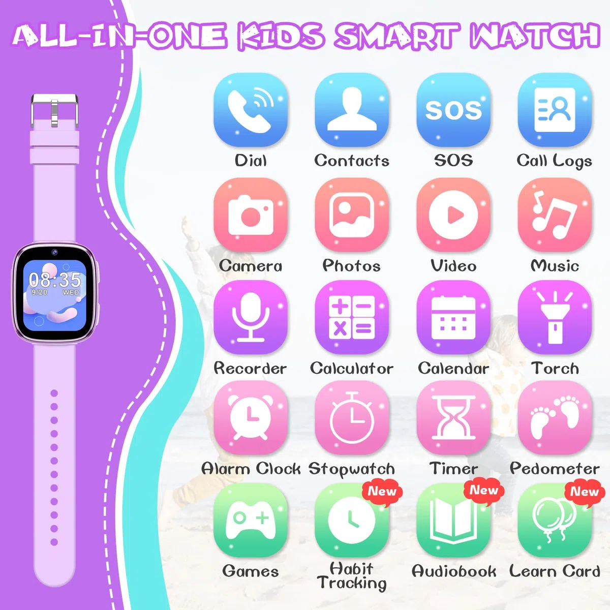 Smartwatch Bambini - Orologio Telefono per Ragazzi con Chiamata SOS Giochi Contapassi Musica Fotocamera Torcia Sveglia Audiolibri, Kids Smart Watch Intelligente per Bimbi 3-12 Anni Regalo (Viola)