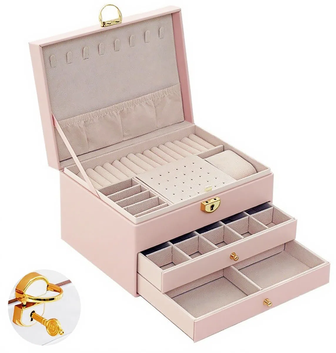 Portagioie Impilabile a 3 Ripiani Scomparti,portagioie Da Viaggio, Serratura E Chiave E 2 Cassetti, Per Anelli, Orecchini, Bracciali E Collane (Rosa)