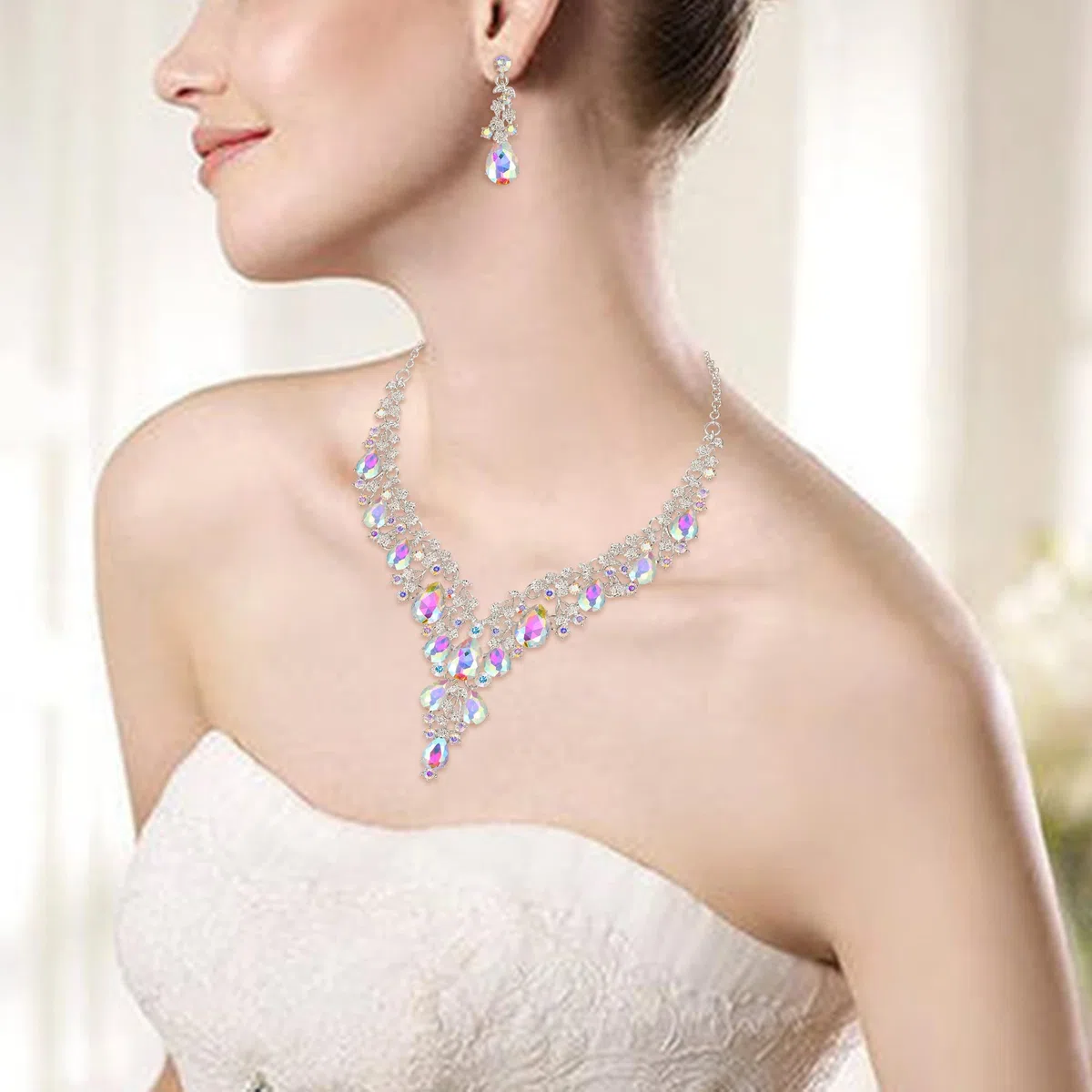 Matrimonio Sposa Jewellery Set Goccia Strass Cluster Statement Collana Orecchini Pendenti Bigiotteria per Donne