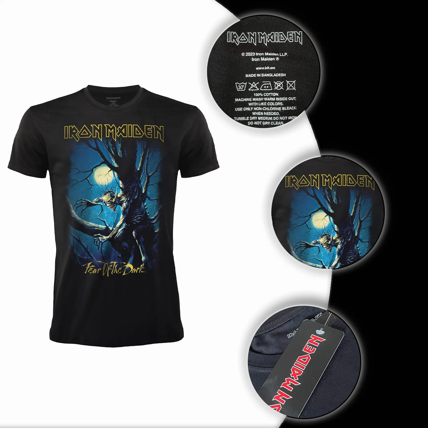T-Shirt Iron Maiden Fear of The Dark. Maglietta Rock Ufficiale Nera. Band Heavy Metal. Cotone. Unisex. Adulto Ragazzo.