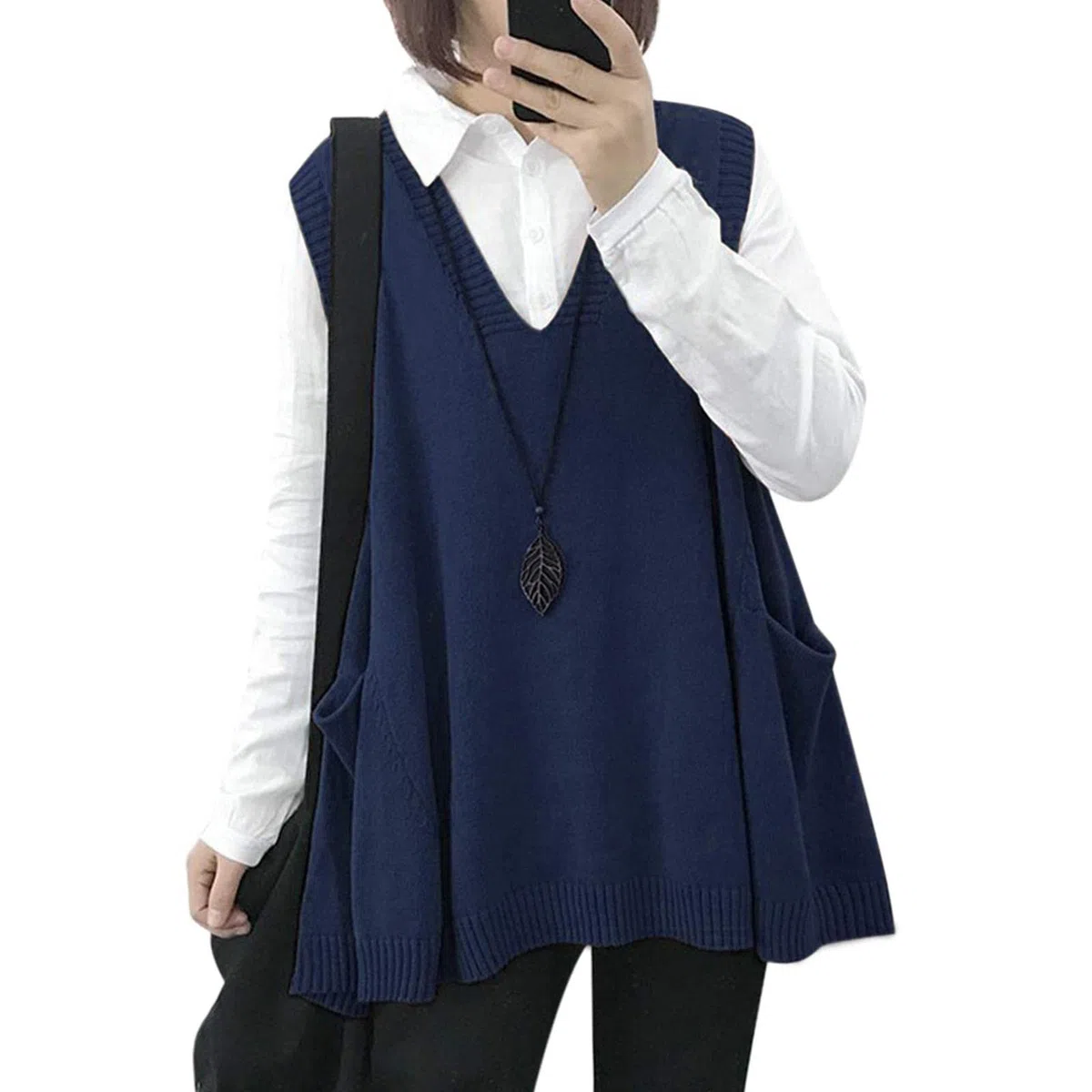 Gilet Smanicato Donna Oversize Maglioni Senza Maniche in Maglia Scollo a V Chic Vintage Elasticità Maglione Canotta Doppie Tasche