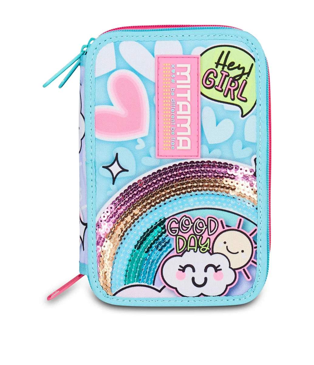 Mitama Astuccio Scuola 3 Scomparti, SUPER TRIPLO RAINBOW LOVE, Contenuto 47 pz, Completo di Matite, Pennarelli, Portapenne Scuola Elementare Bambina