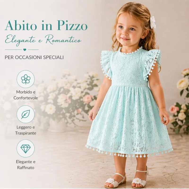 OrJana Vestito da Bambina in Pizzo con Maniche a Balze e Dettagli Pompon