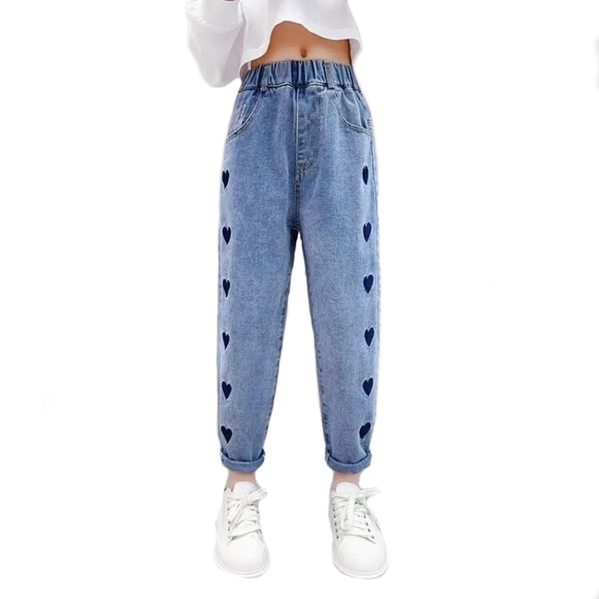 Jeans casual da ragazza con vita elastica con tasche posteriori, jeans perfetti per bambini dai 6 ai 12 anni, comodi pantaloni da ragazza da indossare tutti i giorni