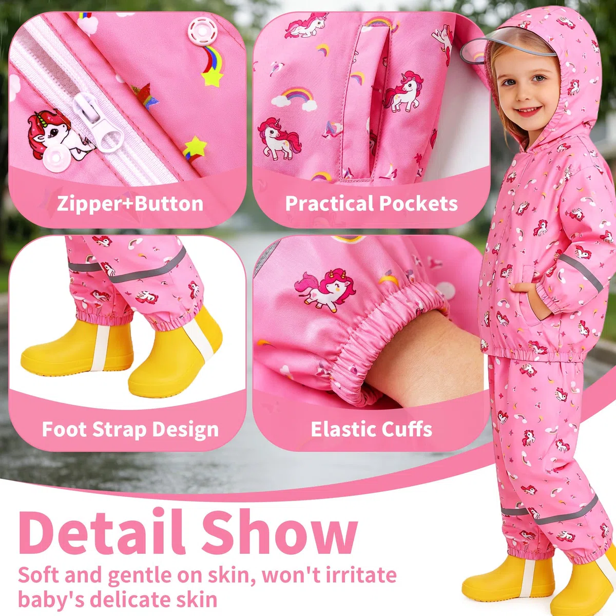 JinBei Tuta Impermeabile Bambino Leggero Tuta Pioggia Bambina con Cappuccio Traspirante Pantaloni e Giacca Antipioggia Impermeabili Spezzata con Strisce Riflettenti per Matsch Outdoor 1-7 Anni