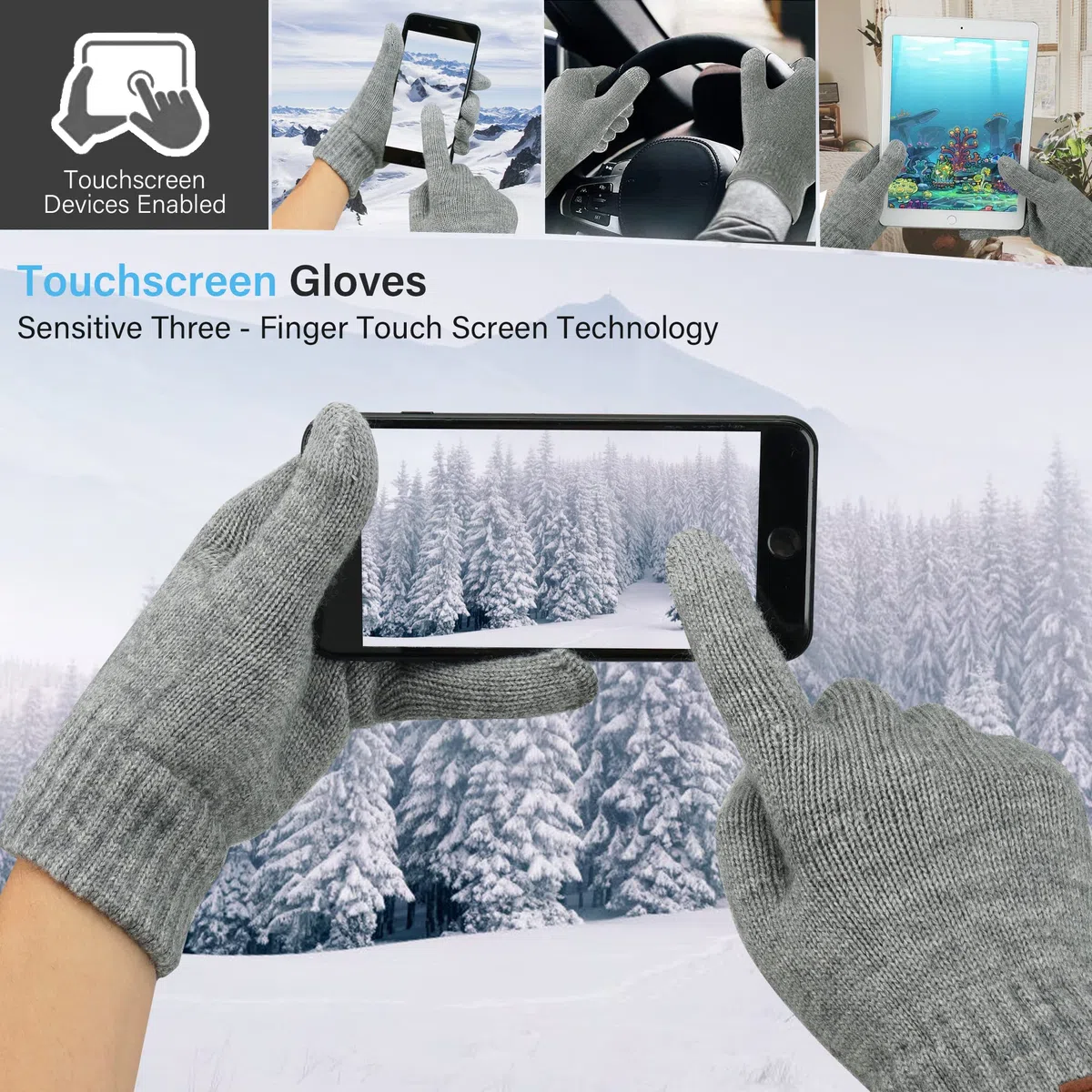 Uomo Invernale Termici Berretto Cappello Sciarpa Scaldacollo Touch Screen Guanti Set con Fodera in Pile