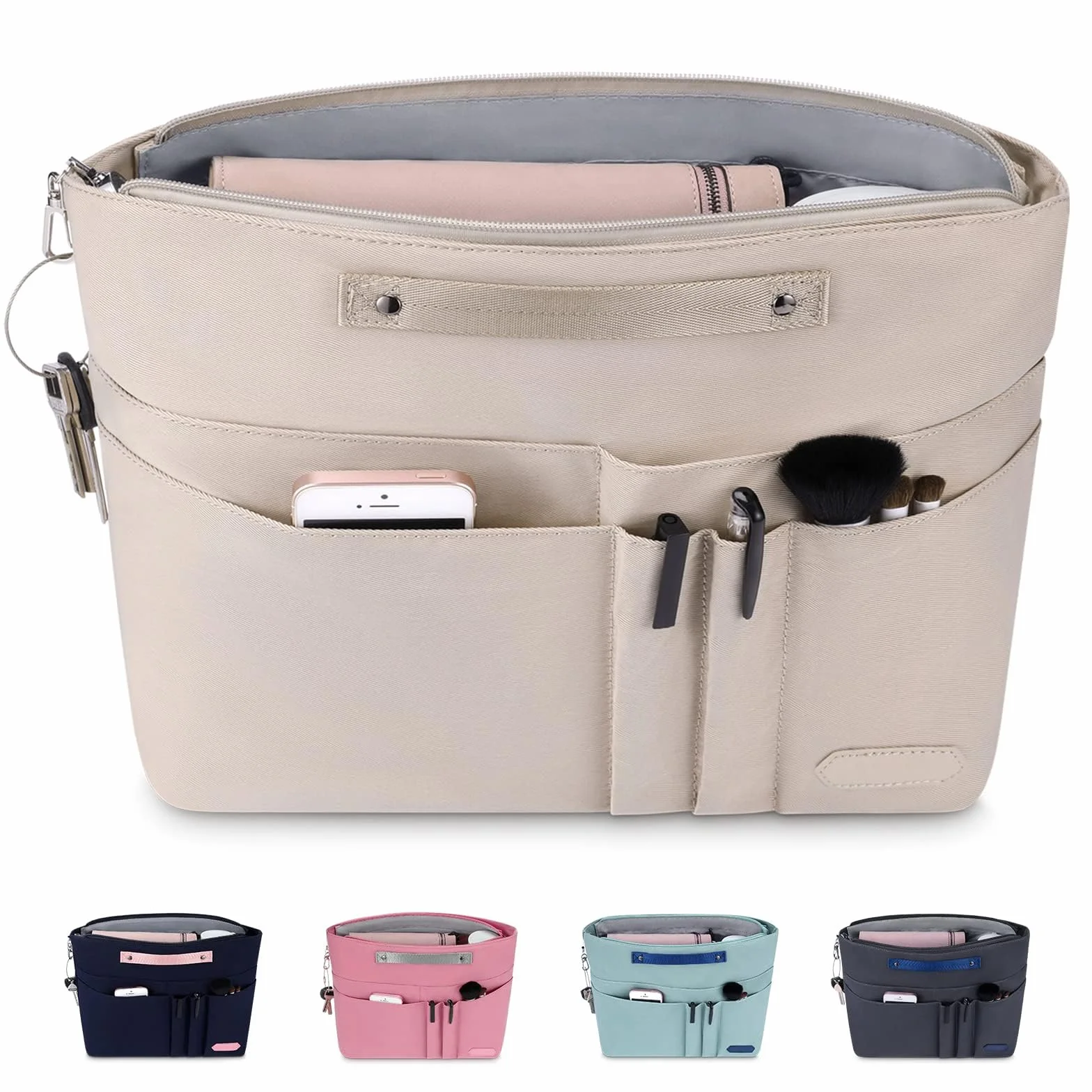HyFanStr Organizer da Borsa Donna, Poliestere impermeabile Organizzatore Interno Purse, Organizer Borse con tasca con Chiusura Cerniera e Portachiavi Beige (M)