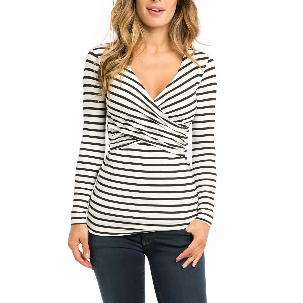 SamHeng Donne Manica Lunga Maternità Tops Allattamento T-Shirt Lift-up Allattamento Camicie Collo Rotondo Allattamento Top Strisce Gravidanza Vestiti