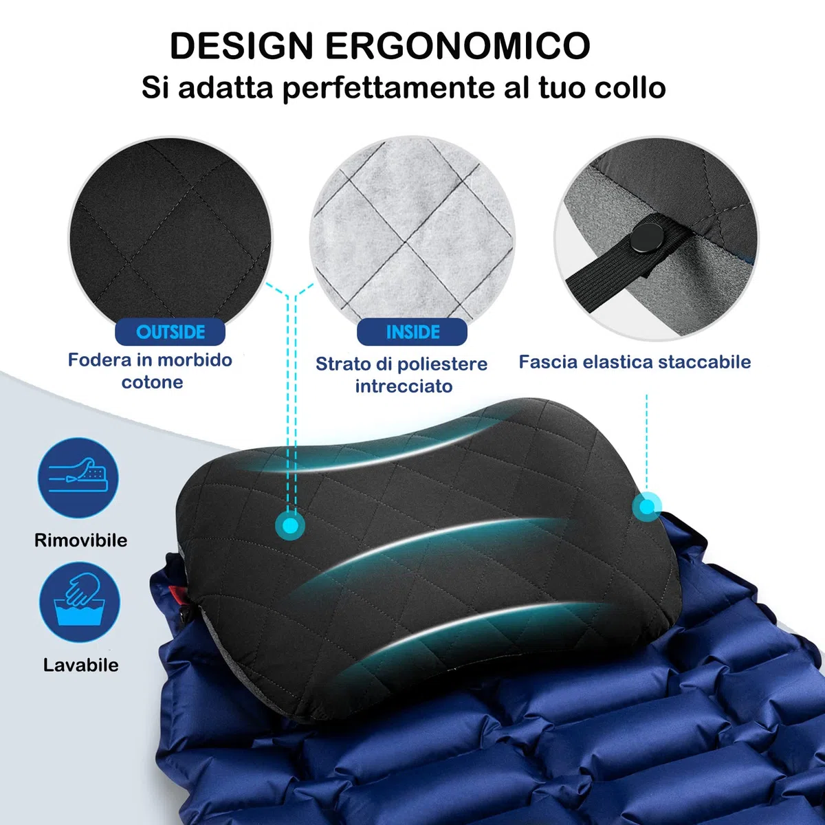 HIKENTURE Cuscino gonfiabile da campeggio, da viaggio, con federa rimovibile, comodo cuscino cervicale per viaggio/esterno, cuscino da viaggio, cuscino gonfiabile da viaggio, cuscino imbottito