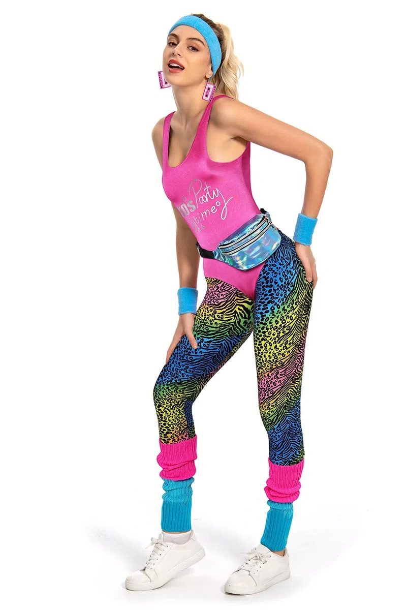 Costume da fitness anni '80 da donna, set di 6 pezzi, tuta colorata per aerobica, abbigliamento da yoga e pantaloni sportivi