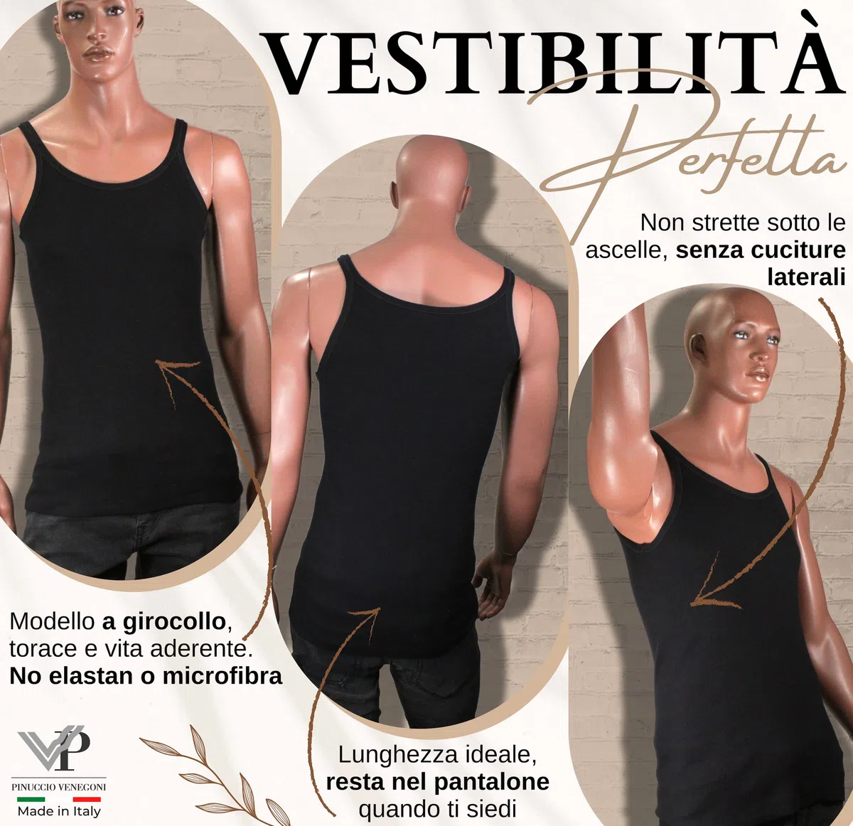 VP PINUCCIO VENEGONI Set 3 Canottiere Uomo Intimo Costine; Made in Italy 100% Cotone Mercerizzato; Canotta Spalla Stretta Intima Bianca Nera Smanicata; Canotte estive Smanicato Uomo