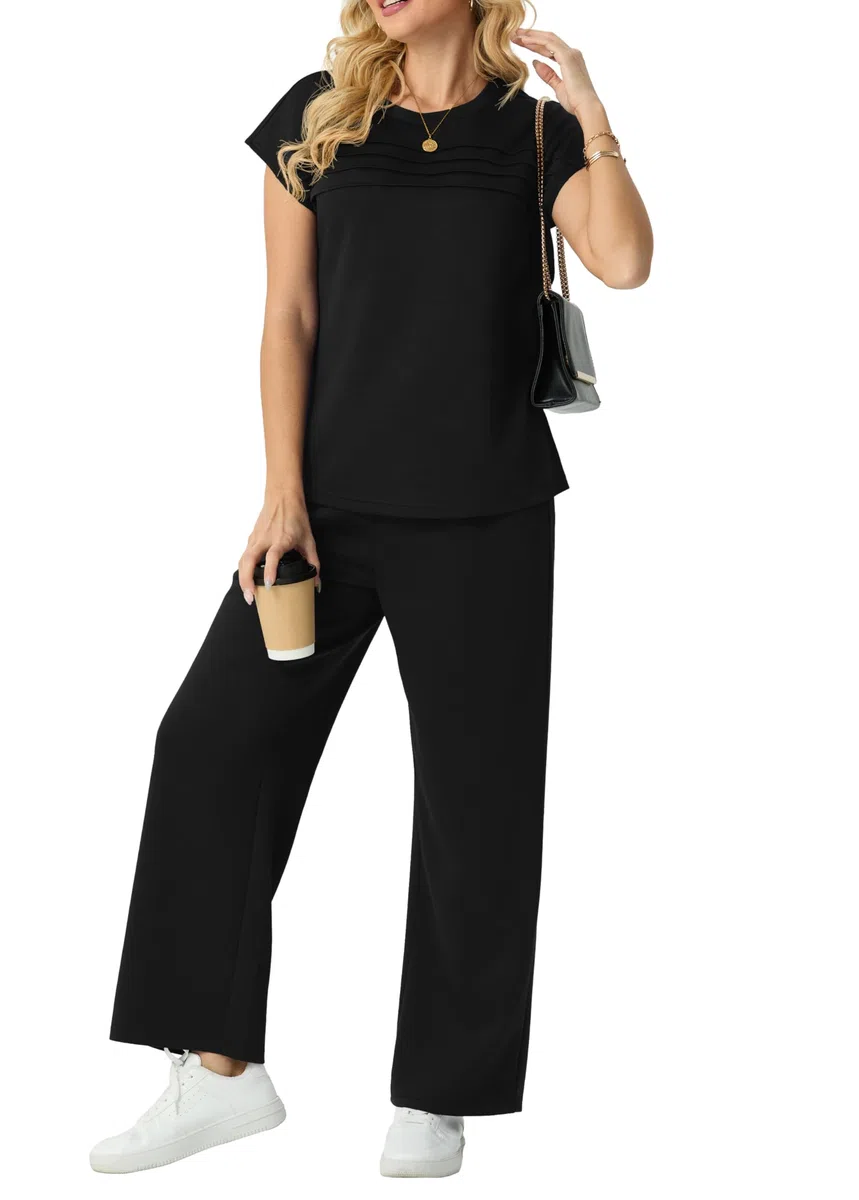 GRECERELLE Tuta da donna estiva da viaggio in due pezzi tuta da donna set completo a maniche corte casual girocollo manica ad aletta anteriore Plisse set abbinati pantaloni a gamba larga