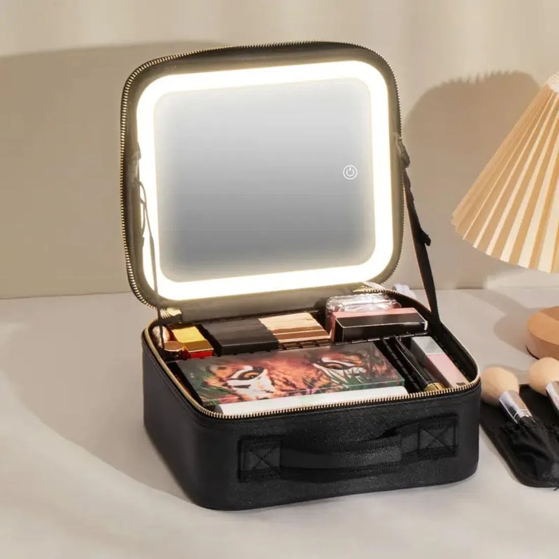 GLAMANIA - Beauty case portatile per trucco, da donna, con specchio, borsa per trucchi, trousse con specchio, borsa per cosmetici con specchio, borsa da viaggio, schwarz, 27 x 25 x 11 cm, Moderno