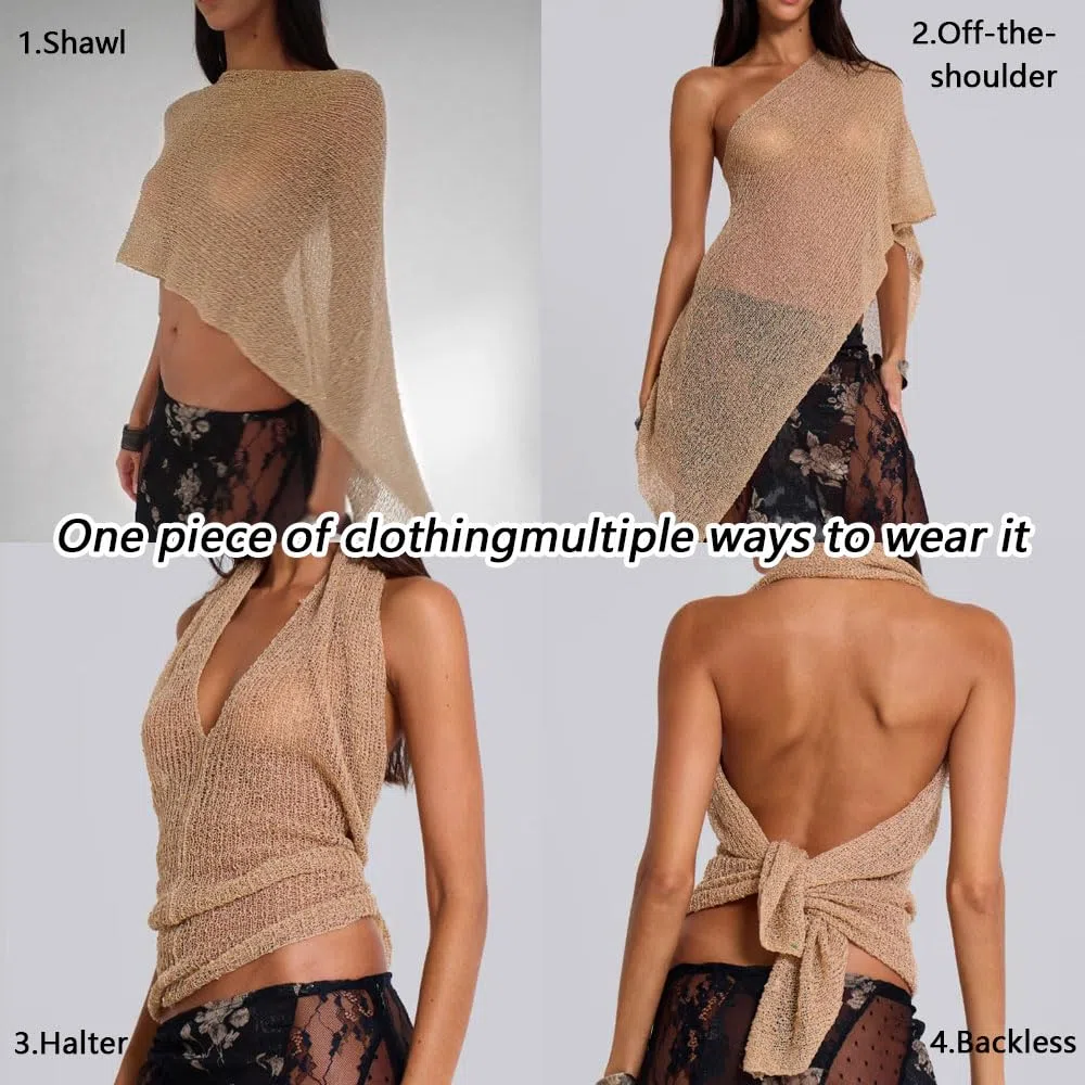 Poncho Donna Multifunzionale Asimmetrico Coprispalle Elegante Mantella Leggera Scialle Maglia Traforata Versatile Accessorio Moda Copricostume Mare Stola(Marrone)