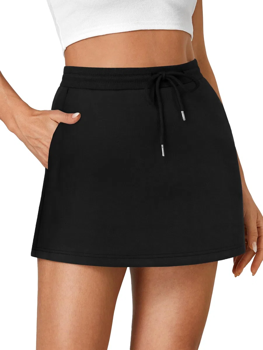 Vrtige Minigonna da donna casual elastica a vita alta con coulisse per allenamento con tasche