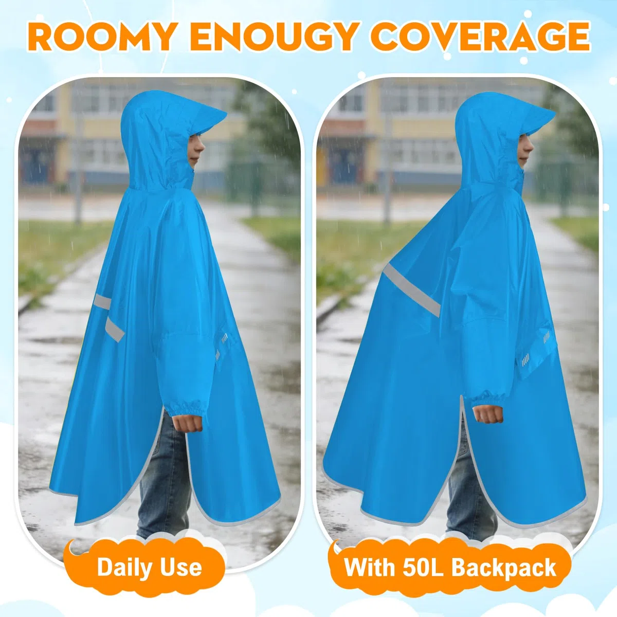 Poncho Antipioggia Bambino Leggero Mantella Antipioggia Impermeabile Con Cappello Tesa Strisce Riflettenti Unisex Poncho Antipioggia Riutilizzabile Giacche Pioggia con Tasca Ragazze Ragazzi