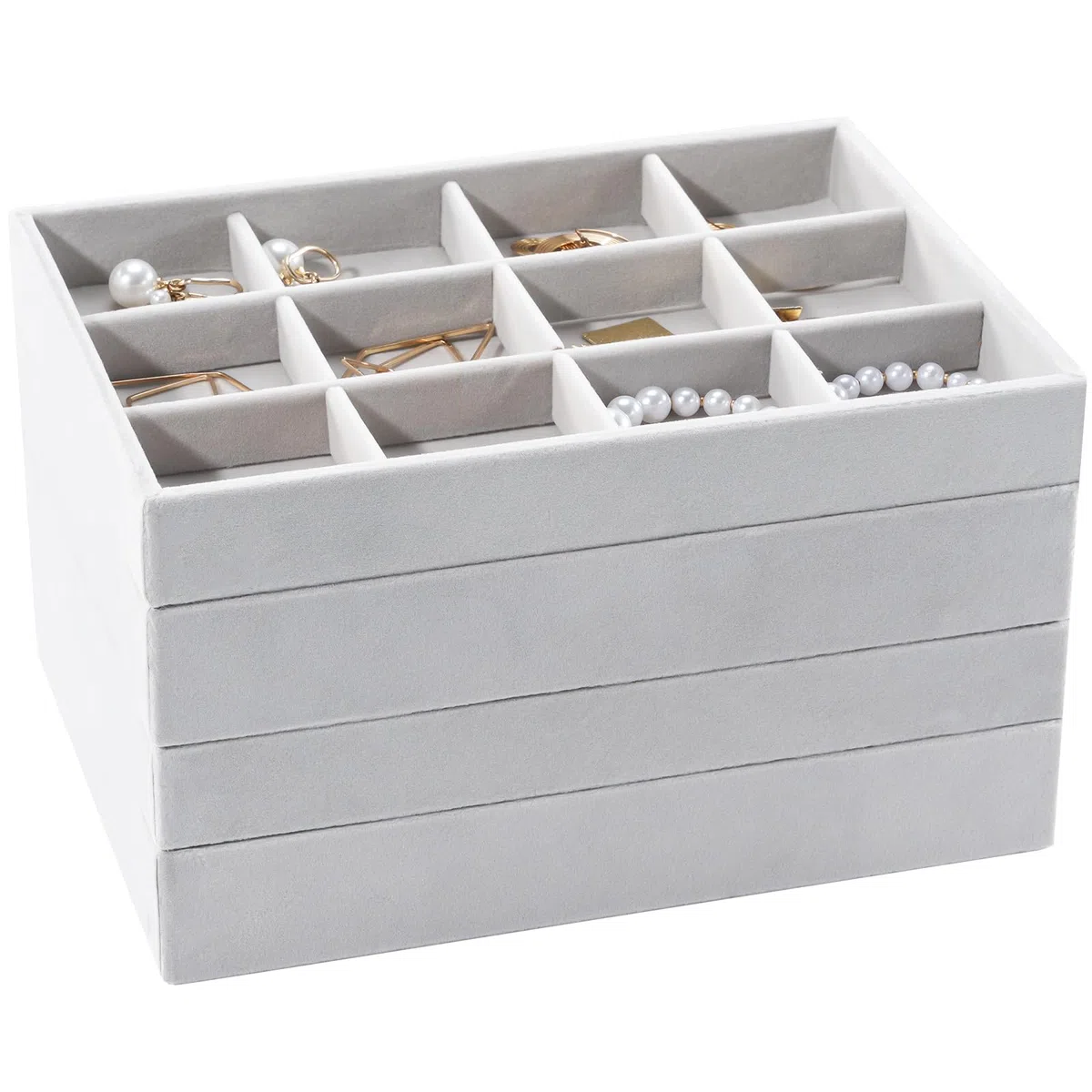ProCase 2 Porta Gioielli da Cassetto + 2 Porta Occhiali da Sole, Vassoi Organizzatori di Gioielli Impilabili per Cassetti, Organizer Gioielli con Divisori Rimovibili -Grigio