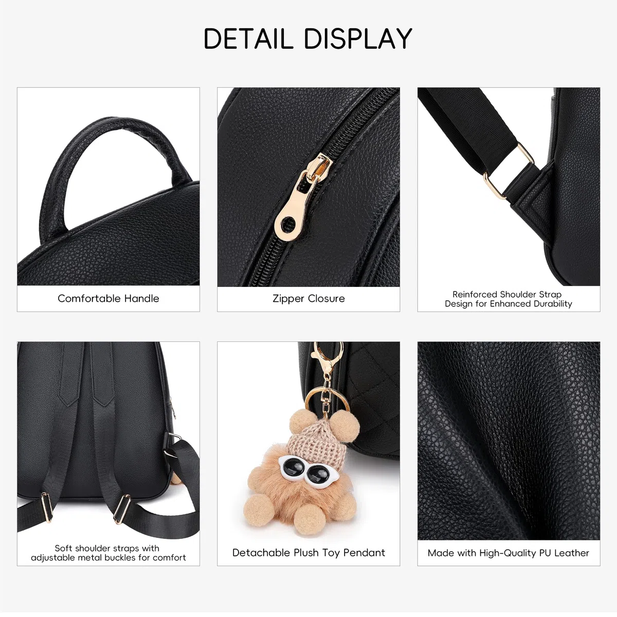 BAGOK Zainetto Mini Donna – Elegante zaino piccolo in similpelle strutturata con logo discreto, zip dorata, motivo trapuntato e ciondolo peluche – Perfetto per scuola, viaggio e uso quotidiano