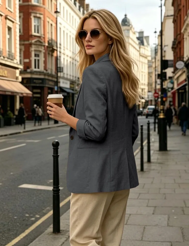 Giacca da donna casual con maniche a 3/4, leggera, estiva, primaverile, in cotone e lino