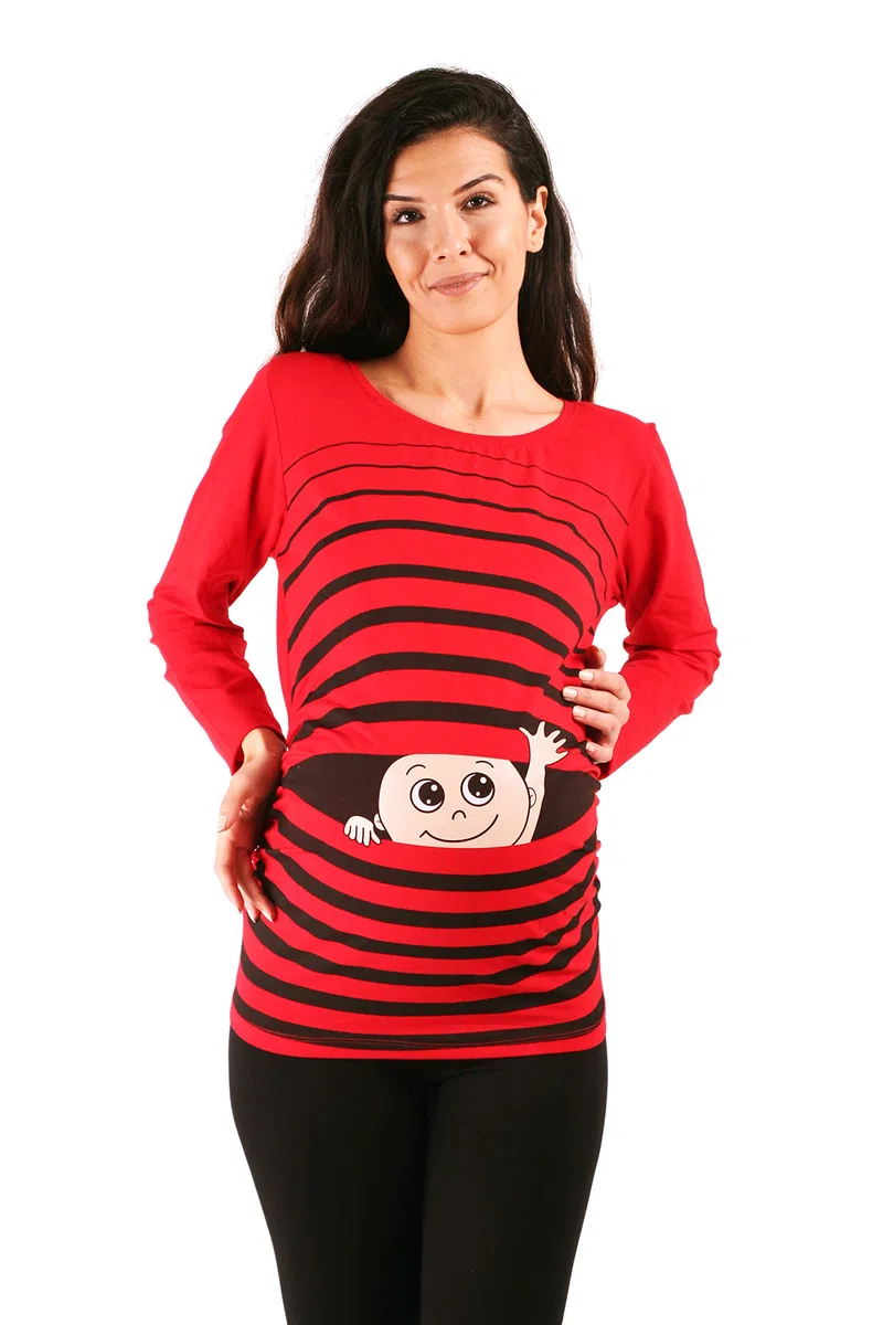 M.M.C. Ciao Ciao - Simpatica graziosa T-Shirt Premaman Manica Lunga per la Gravidanza (Rosso, Small)