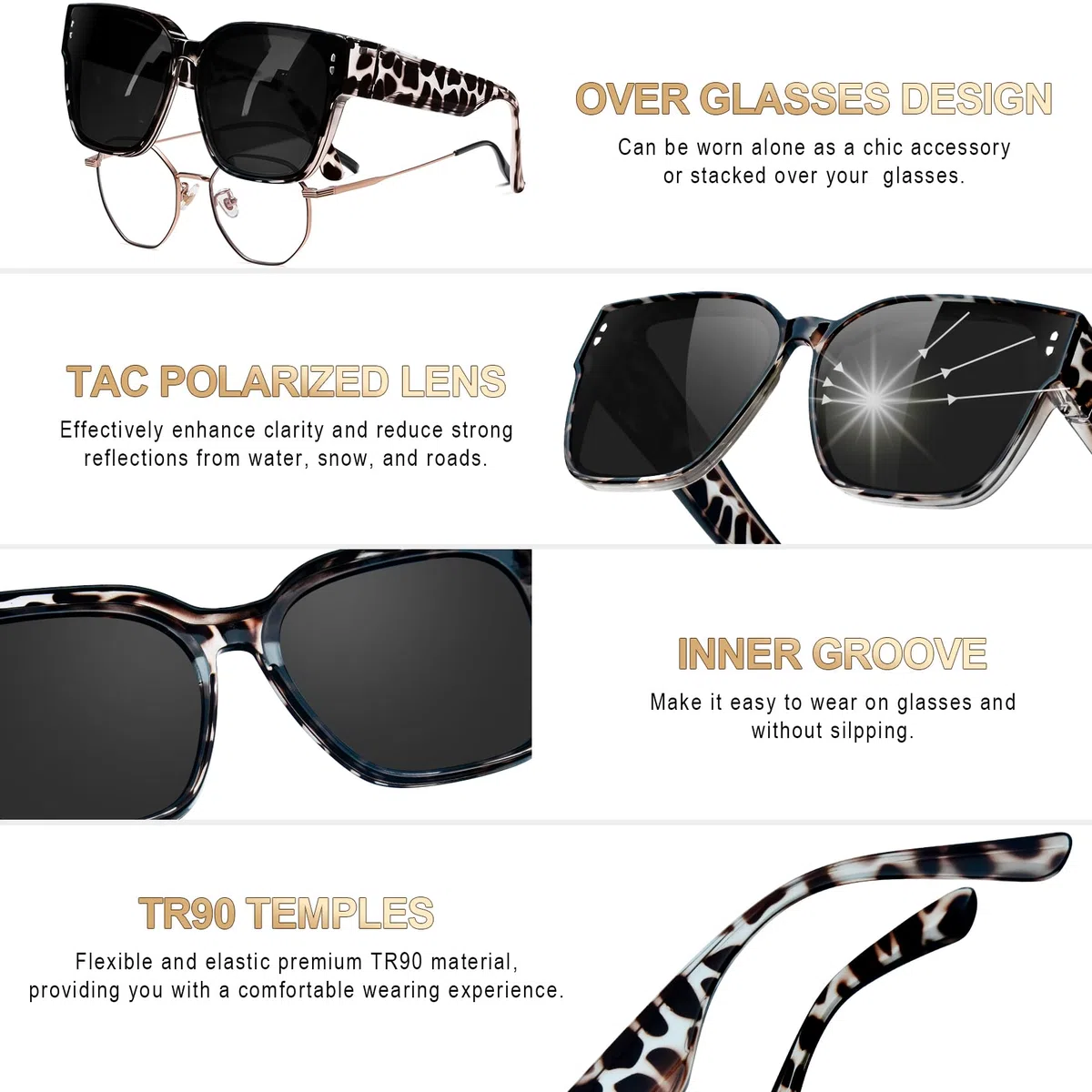 KANASTAL Sovraocchiali da Sole Polarizzati Donna Uomo UV400 Occhiali da Sole Sovrapponibili Quadrati TR90 Vintage Grandi Sunglasses Wear over Glasses