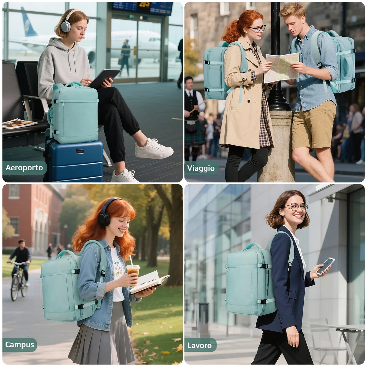 VSNOON Zaino per Ryanair 40x30x20 Zaino da Viaggio Aereo Bagaglio a Mano Borsa da Cabina Borse Valigia Zaini Casual Unisex per Wizz Air EasyJet Laptop Daypack, Verde