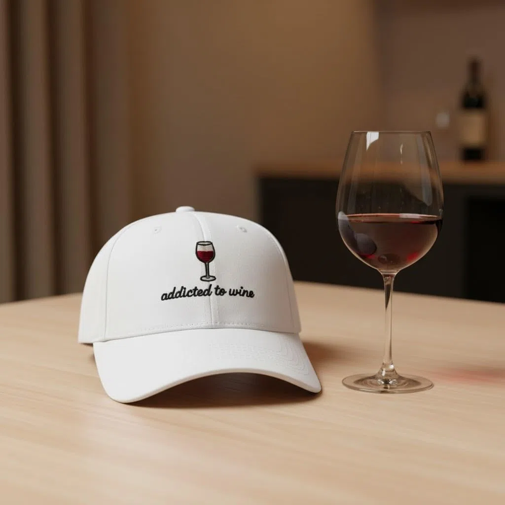 Cappellino da festival bianco, motivo "Addicted to Wein/Caffè" con scritta "Addicted to Wein/Coffee" – Divertente berretto da baseball per uomo e donna – Cappuccio in cotone regolabile in stile