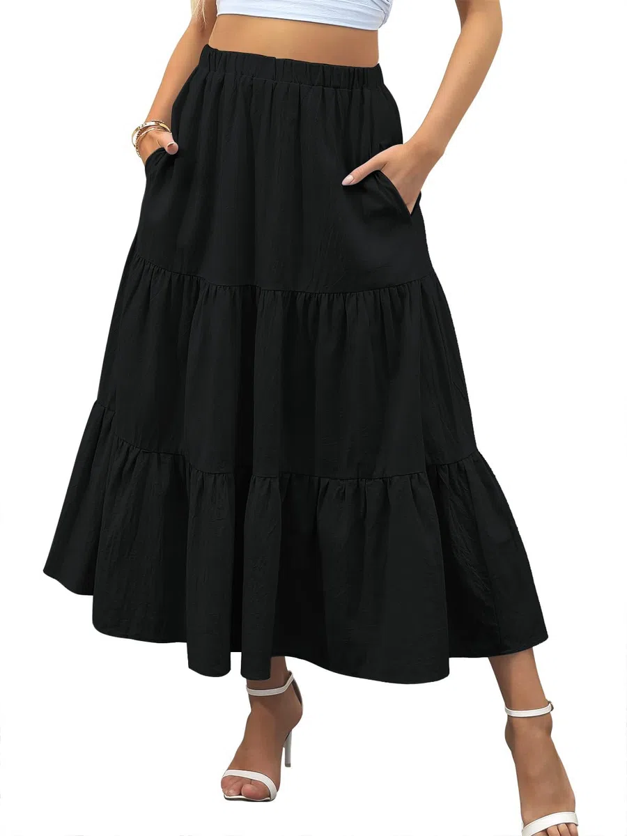Zeagoo Gonne Donna Elegante a Vita Alta da Donna Gonna Lunga Estiva Gonna Lunga Casual a Trapezio Gonne Elastiche con Tasche S-XXL