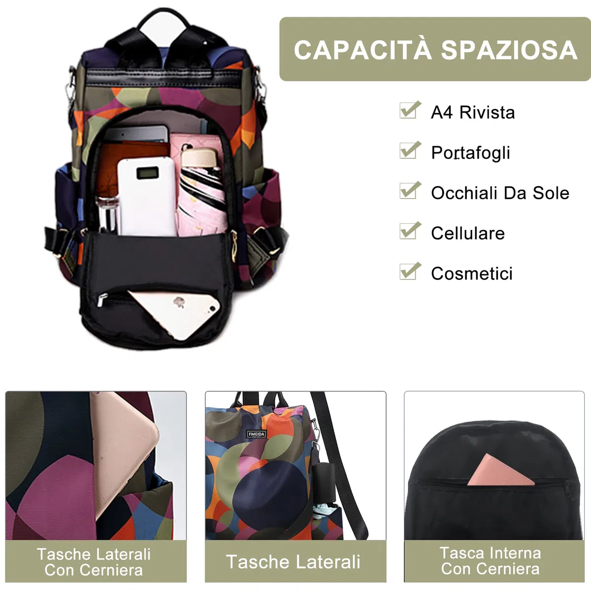 Fmeida Zaino Donna Antifurto Moda Borsa Donna con Tracolla Borse Zainetto da Viaggio Impermeabile