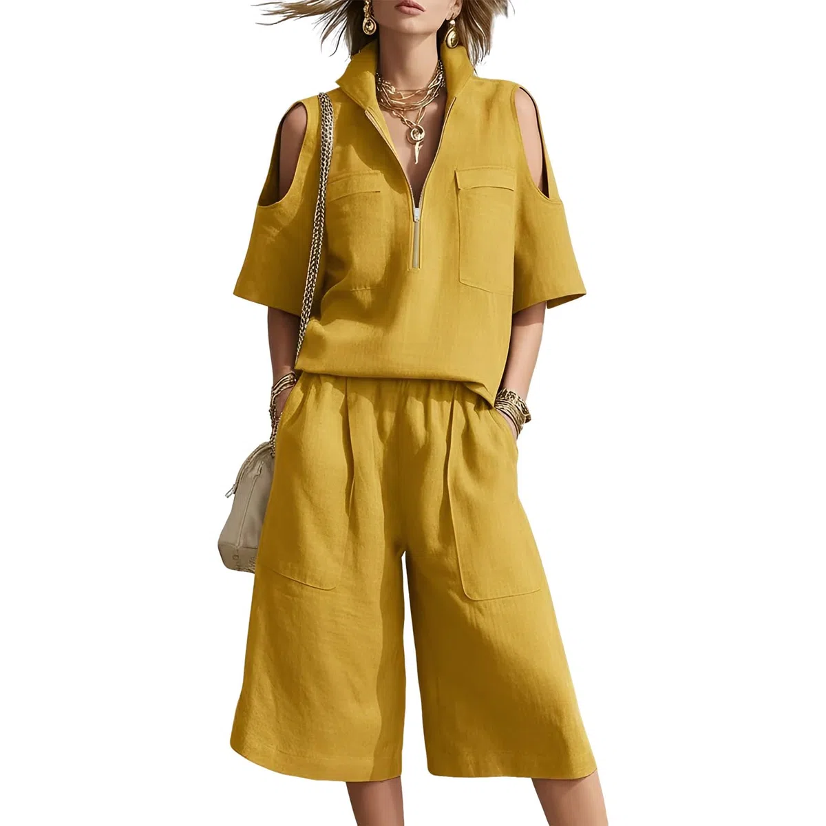 amropi Completo Estivo 2 Pezzi Donna Camicia a Maniche Corte Spalle Scoperte con Scollo a V Cerniera e Pantaloni Cropped a Gamba Larga Set Casual Tuta